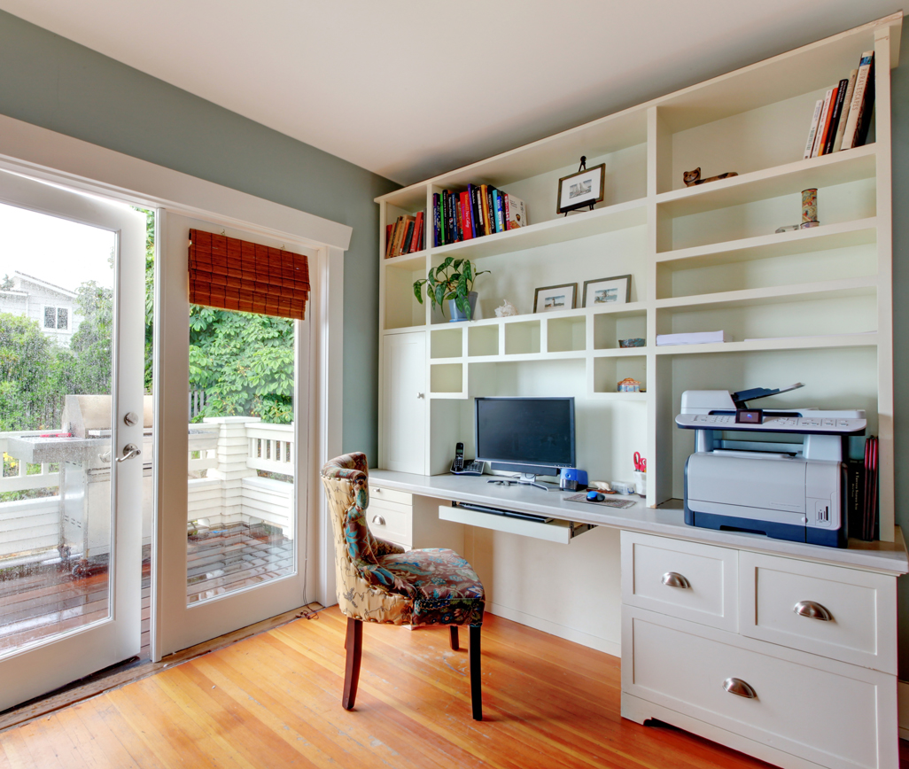 Home Office with Hutch Cabinet and Built in Desk Space