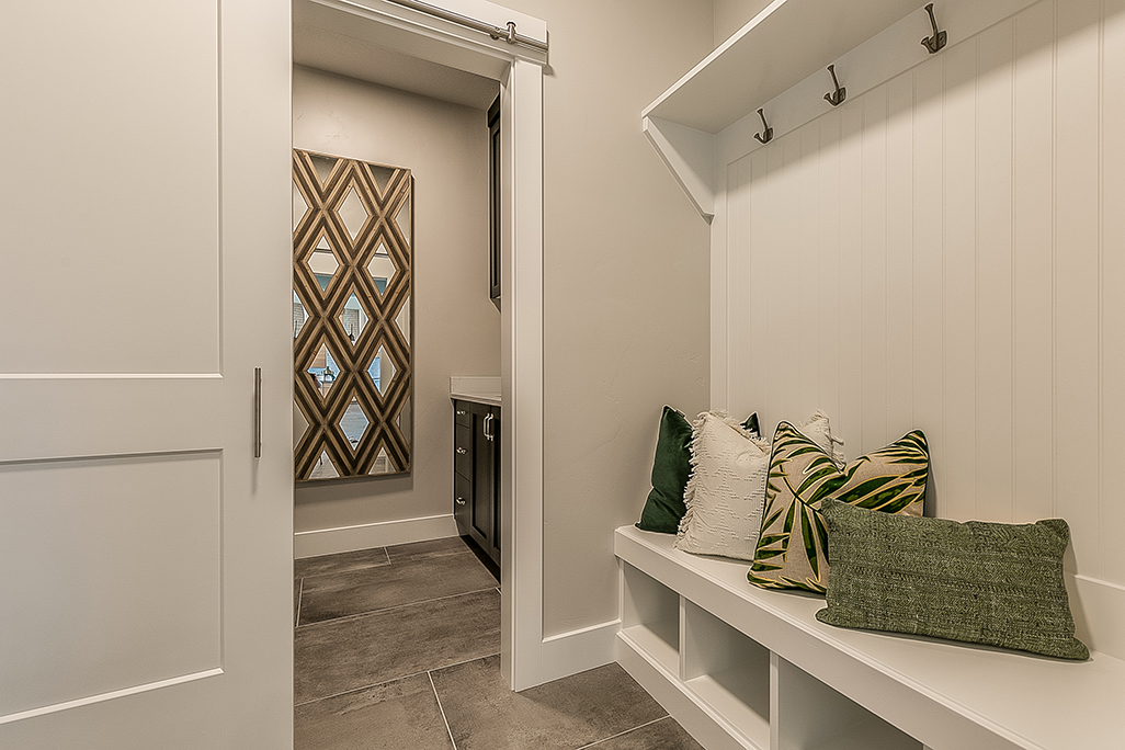 Mudroom with Seating, Storage, and Coat Hangers